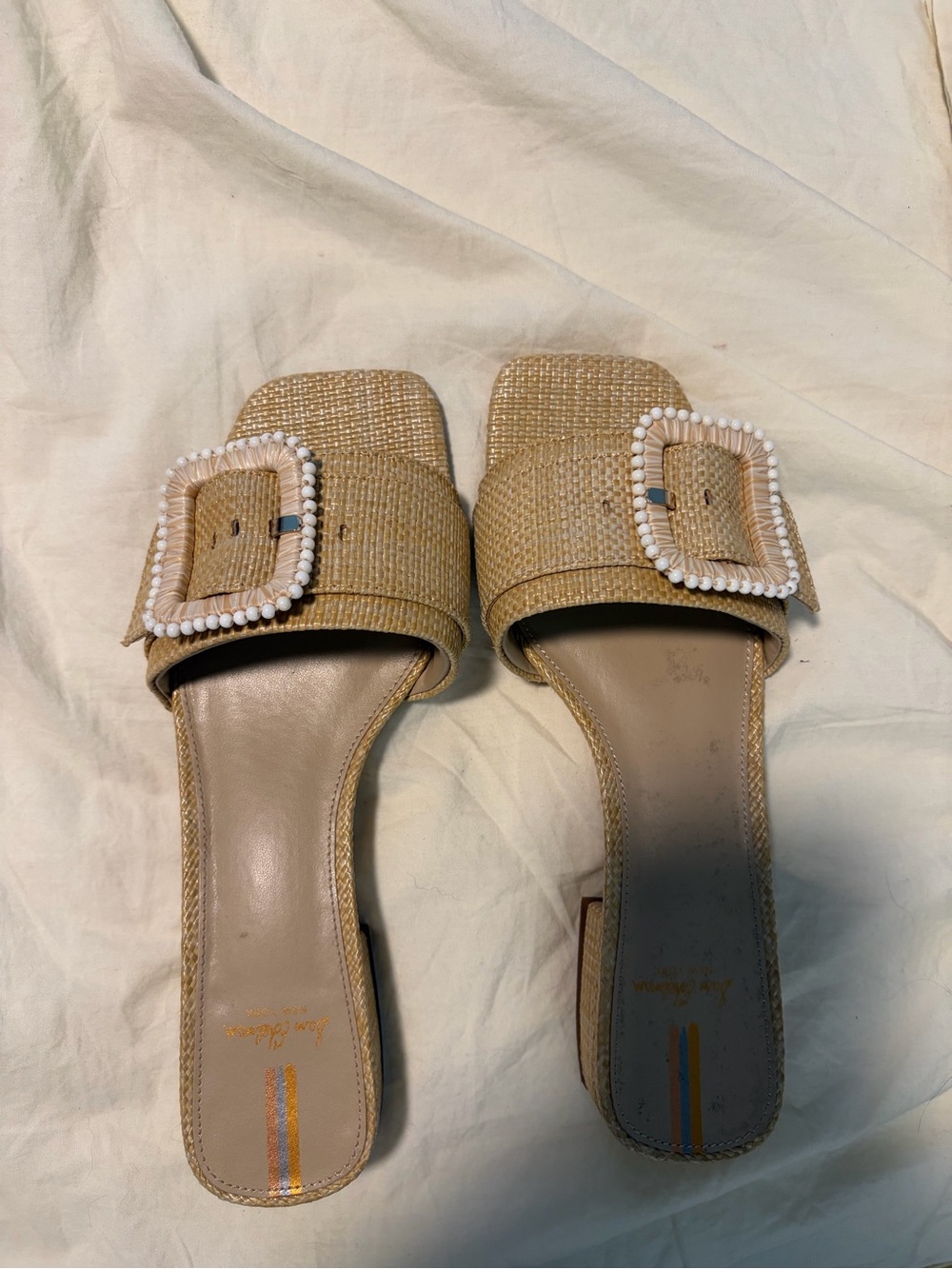 Sam Edelman Beige Raffia Slide Mules with Beaded Buckles